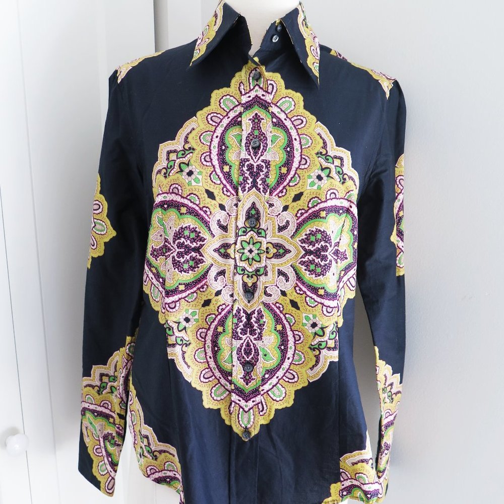 ETRO Milano Women's Black Paisley Cotton Blouse in Size Medium